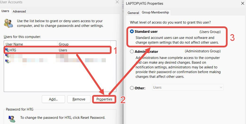 Choosing the properties for the local account and making it a standard user not administrator.