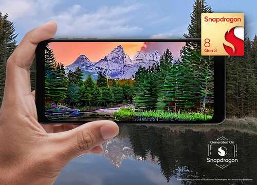 A phone takes a photo of a mountain landscape with the Snapdragon 8 Gen 3 chip logo in the corner.