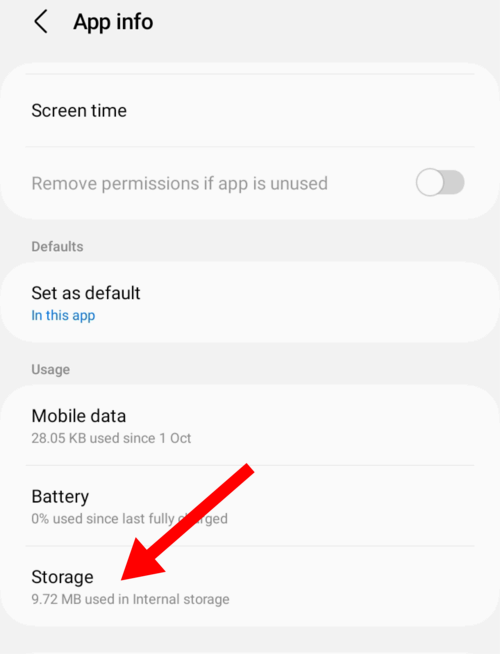 Storage tab in camera app settings.