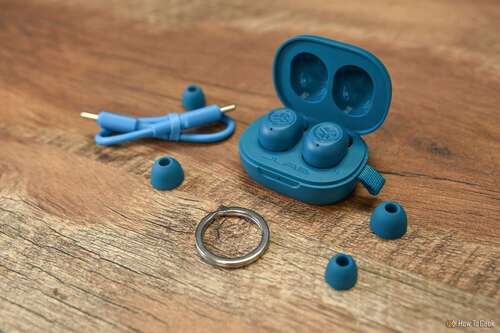 The JLab JBuds Mini earbuds and accessories.