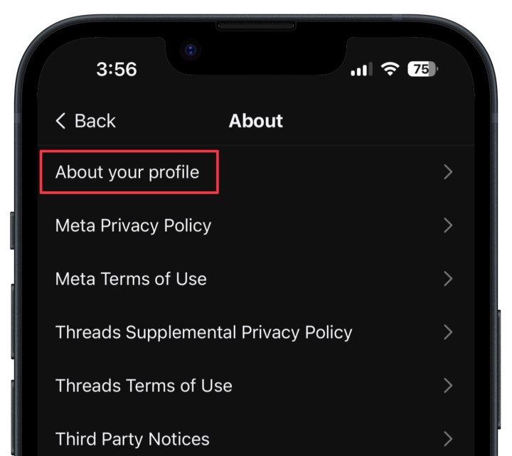 The About section of the Threads app Settings sub-section, highlighting the About this profile button.