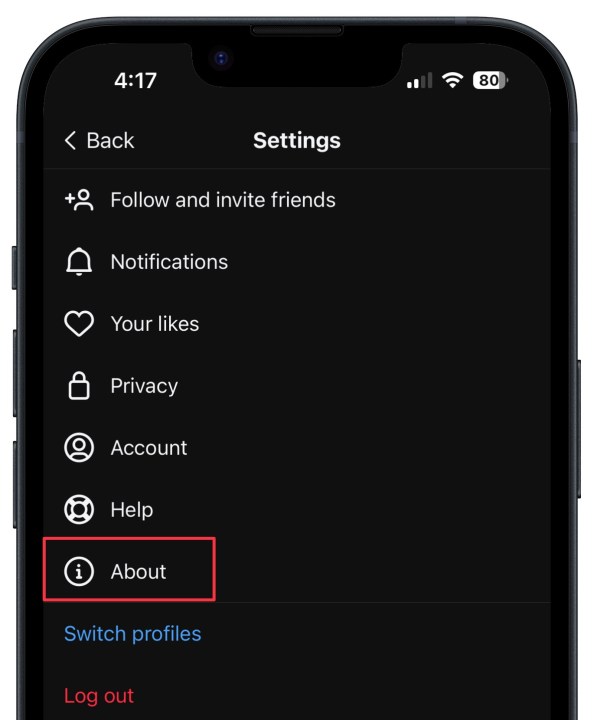 The settings screen in the Threads app highlighting the About section.