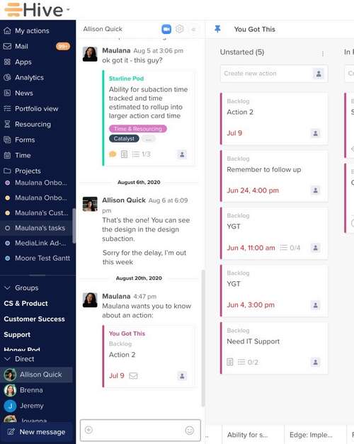 A screenshot of the Hive messaging app.