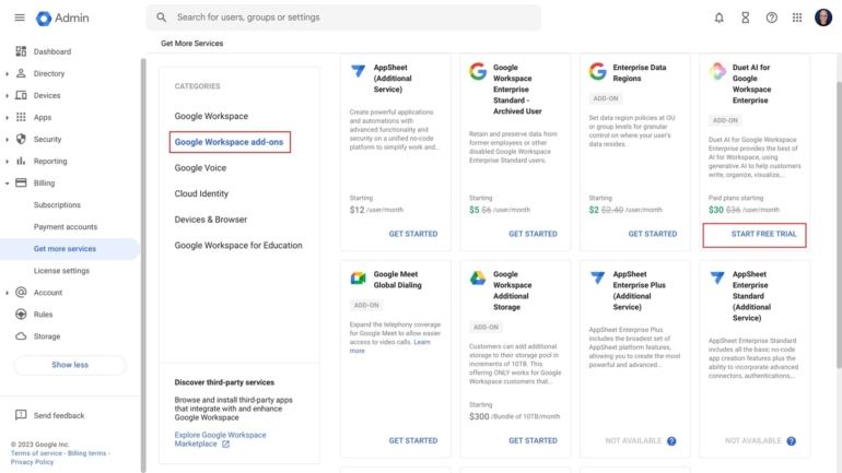 Select Duet AI from the Google Workspace add-ons area.