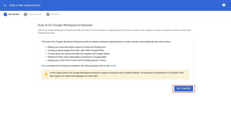Review the brief description of Duet AI, then select the Get Started button.