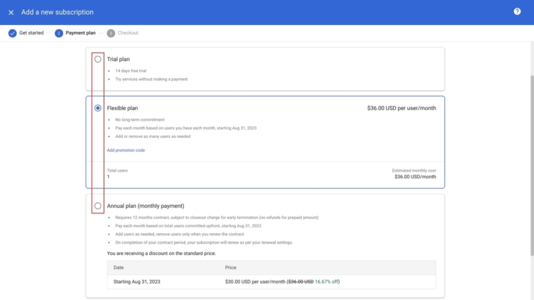 Choose one of the three Duet AI subscription options. This shows the flexible plan, at a rate of $36 per user/month, selected.