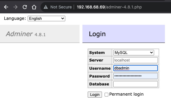 The Adminer login window.