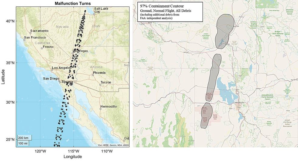 Two maps, the left showing the western United States, and the right a close-up, with overlayed impact areas.