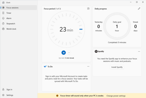 Windows 11 Clock app Focus periods