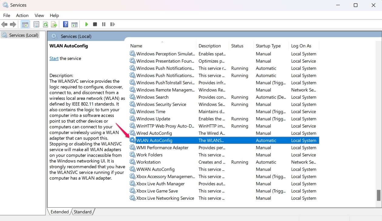 WLAN AutoConfig Service in the Service Window