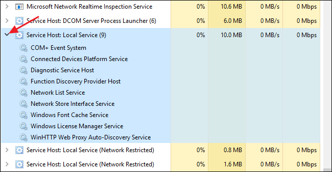 Click the small arrow next to "Service Host" to show a more detailed list of services running. 