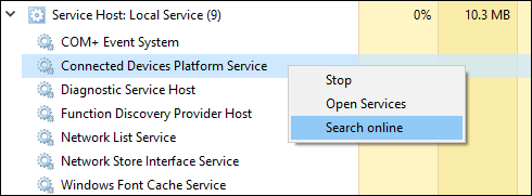 Right-click a Service Host process, then click "Search Online" to find more details.