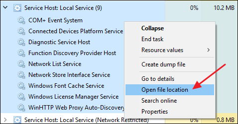 Right-click the Service Host process, then click "Open File Location" to ensure that the executable is the real one. 