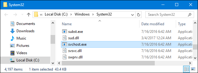 The real svchost.exe located at "C:\Windows\System32."