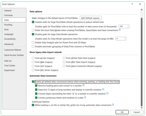 Data conversion options in Excel