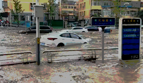 Cars are partially submerged as water gushes on a flooded street, after Typhoon Doksuri made landfall and brought heavy rainfall, at the Mentougou district, in Beijing, China July 31, 2023, in this still image obtained from social media video. Video obtained by Reuters/via REUTERS