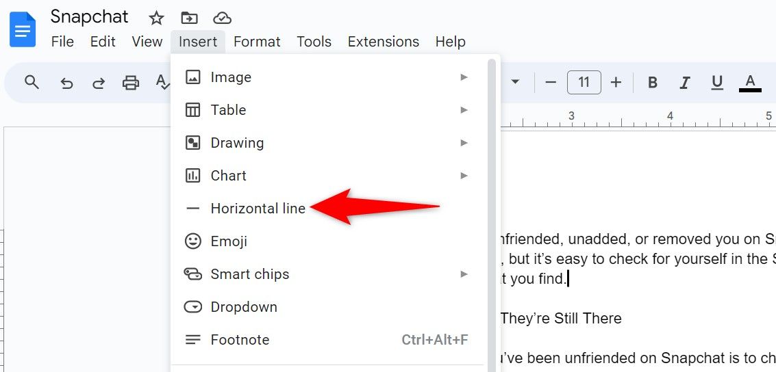 'Horizontal Line' highlighted on Google Docs.