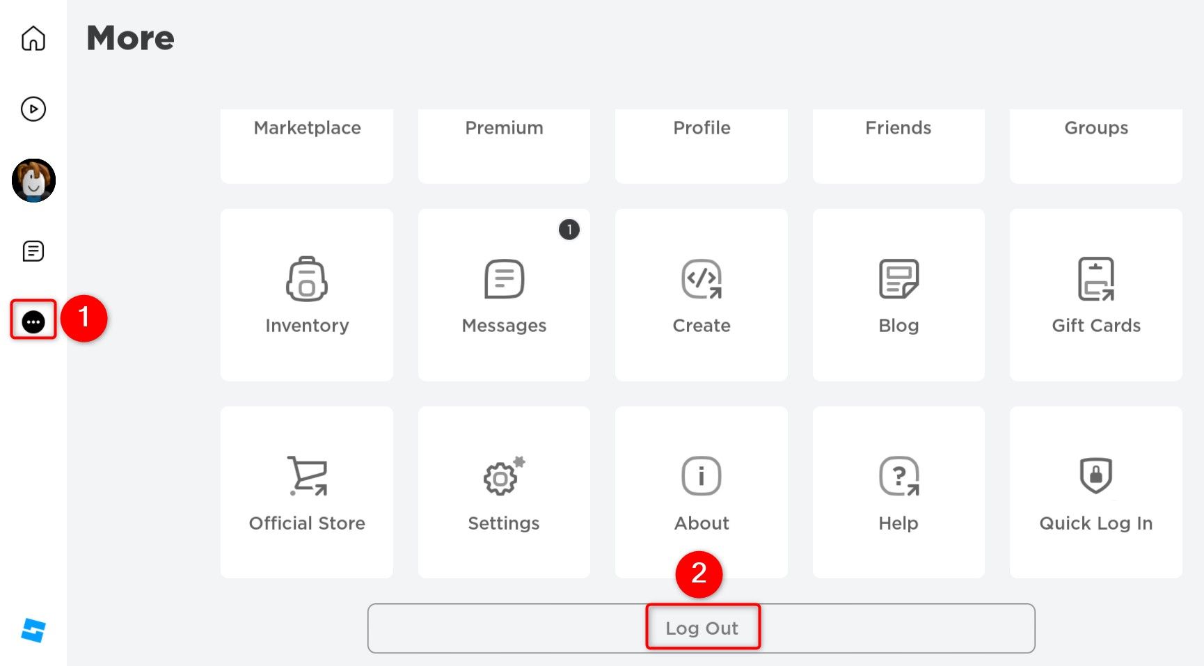 Log Out highlighted in Roblox's More menu.