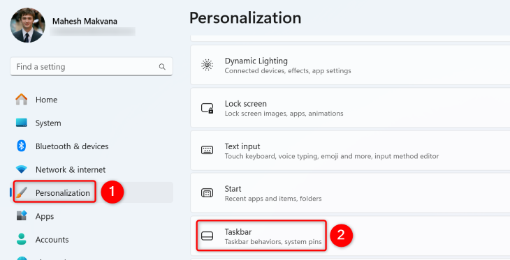 Windows 11 Personalization settings with 'Taskbar' highlighted