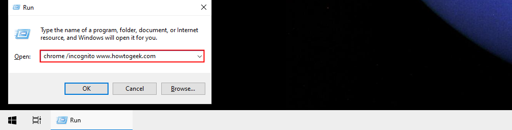 Opening Chrome to a specific website in incognito mode using a Run box. 