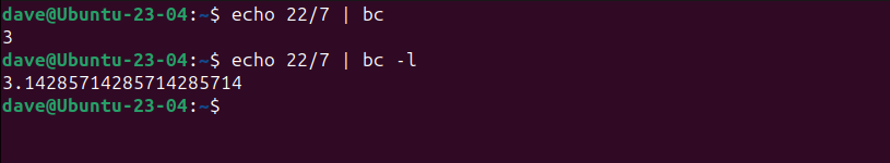 Using echo to pipe input into bc and bc -l