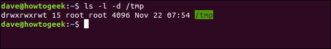 ls -l -d /tmp in a terminal window