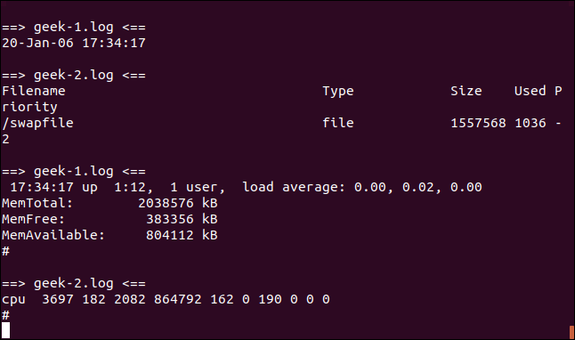 Output from tail -f -n 5 geek-1.log geek-2.log 