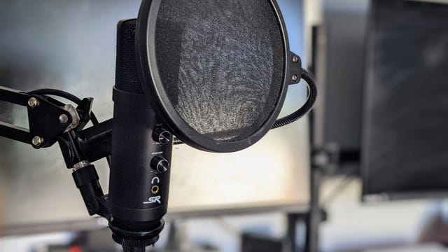 Microphone on a stand in front of a computer screen