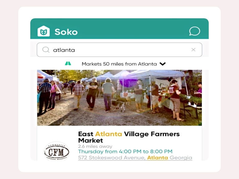 soko app displaying outdoor farmers market with people and stands