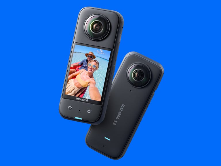 Two Insta360 X3 cameras side by side showing the front of one on the left with the new 2.3-inch touchscreen and controls and the rear of the camera on the right on a blue background.