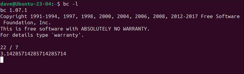 bc launched with the -l option, showing pi calculated to 20 decimal places