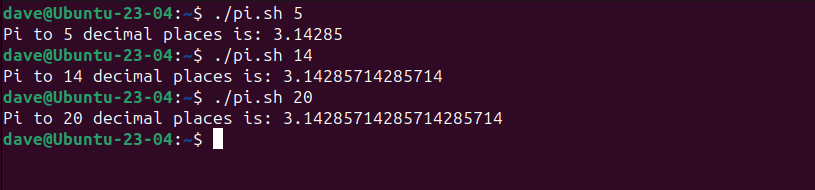 Output from the pi.sh script showing pi calculated to three different precisions