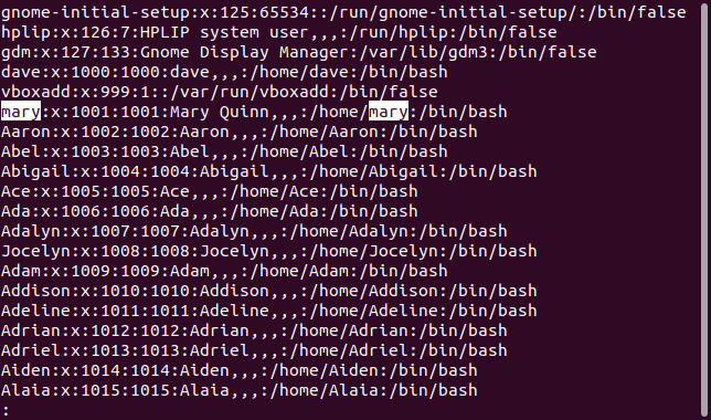 Searching for the mary account in the /etc/passwd file, in less