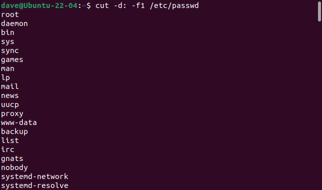Using the cut command to display only the usernames from the /etc/passwd file