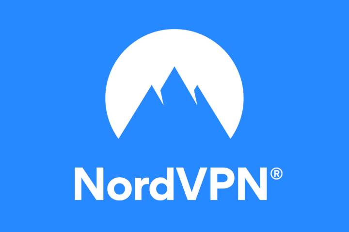 NordVPN company name and logo, blue mountain peaks against a white circle on a blue background.