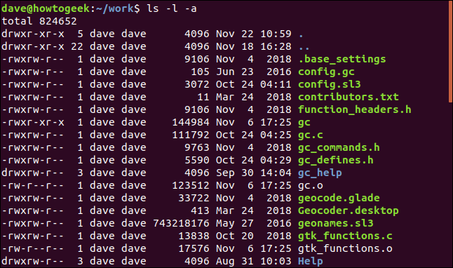 ls -l -a in a terminal window