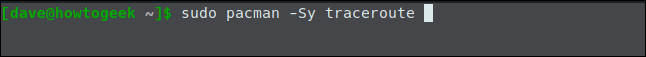 sudo pacman -Sy traceroute in a terminal window