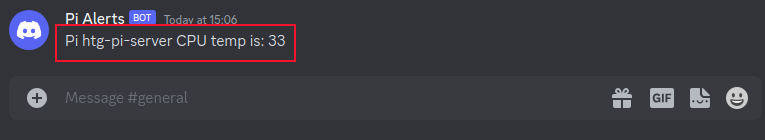 The temperature alert message in Discord