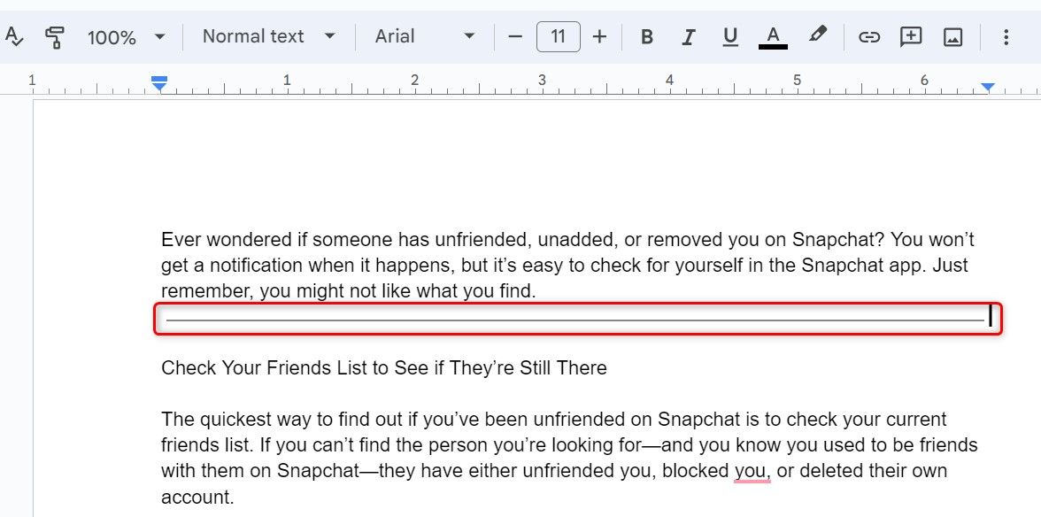 A horizontal line highlighted in a Google Docs document.