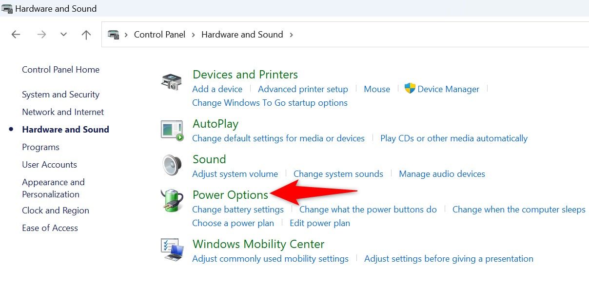 'Power Options' highlighted in Control Panel.