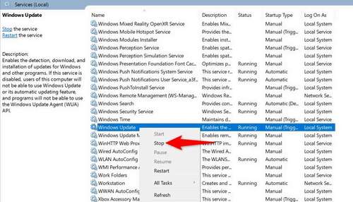 'Stop' highlighted for the 'Windows Update' service on the 'Services' window.