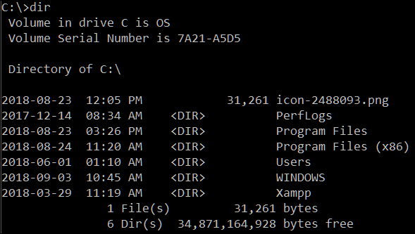 Command Prompt with dir run in the C:\ directory. 