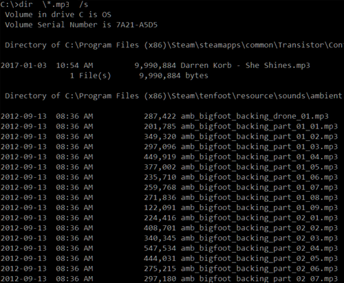 Command Prompt with dir \*.mp3 /s run to display only MP3 files. 