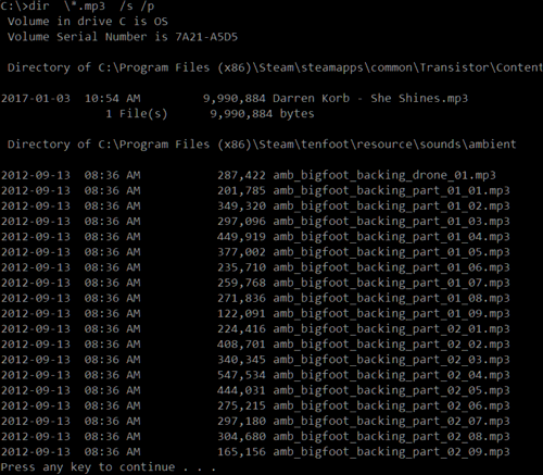 Command Prompt with dir \*.mp3 /s /p run to pause the list of MP3 files.