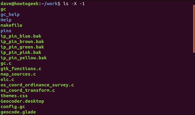 ls -X -1 in a terminal window