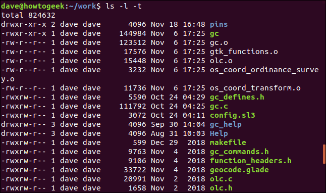 ls -l -t in a terminal window