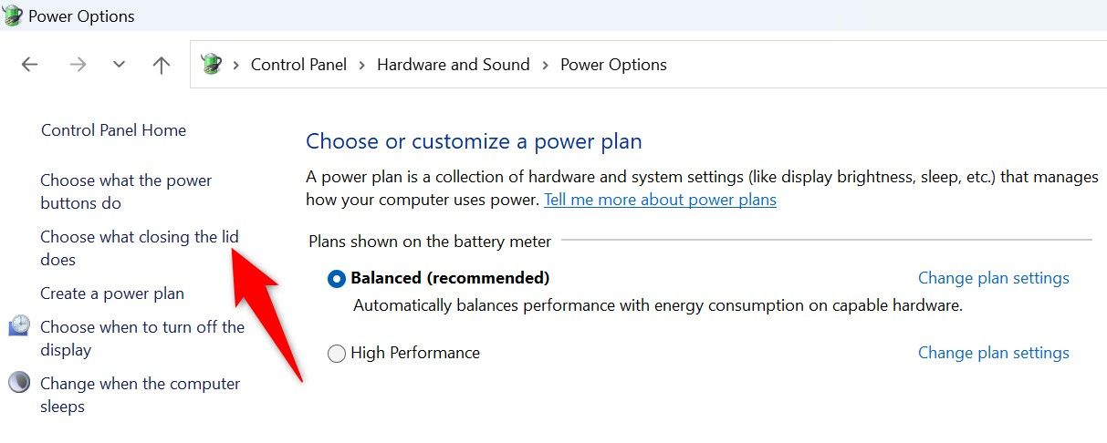 'Choose What Closing the Lid Does' highlighted in Control Panel.