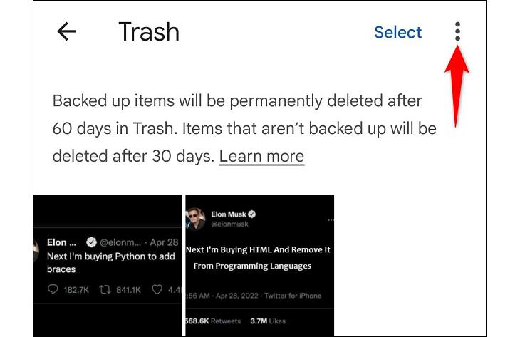Screenshot of Google Photos trash, screenshot pointing at the menu icon