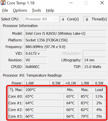 View the CPU temperature in Core Temp.