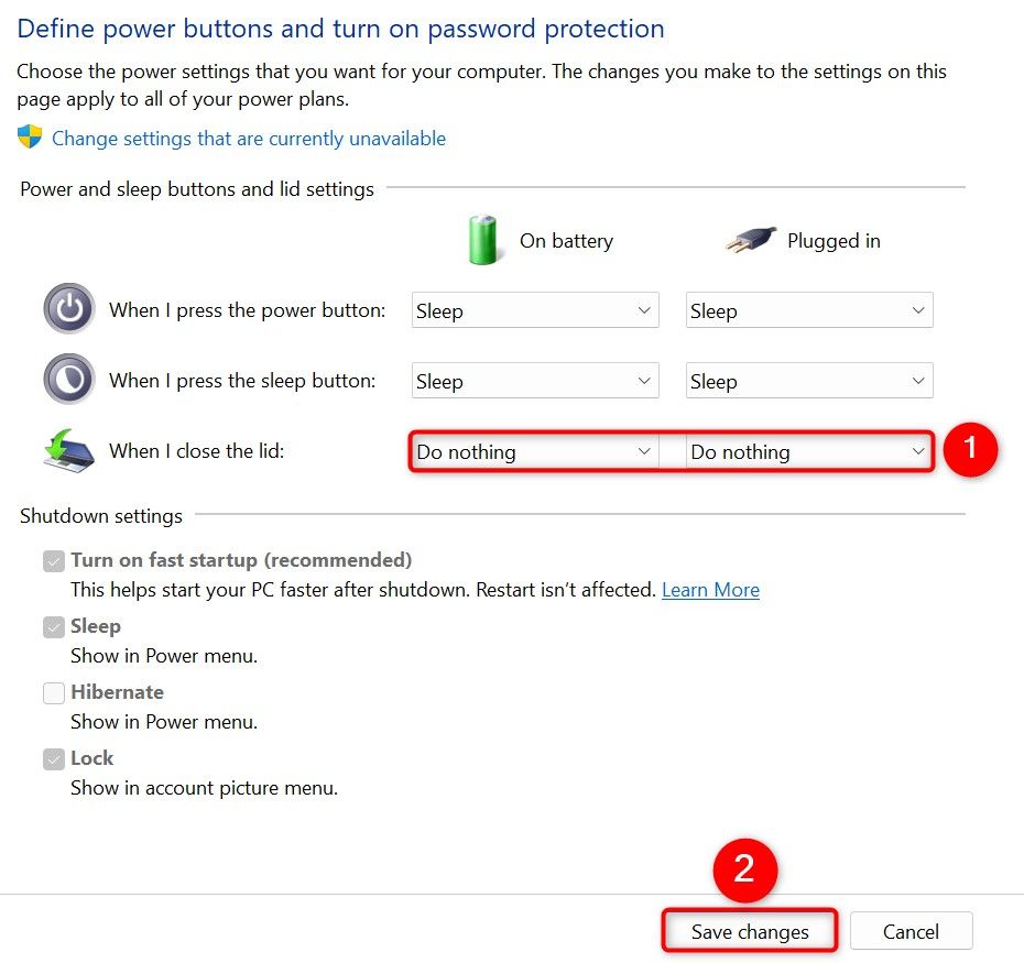 'When I Close the Lid' and 'Save Changes' highlighted in Control Panel.